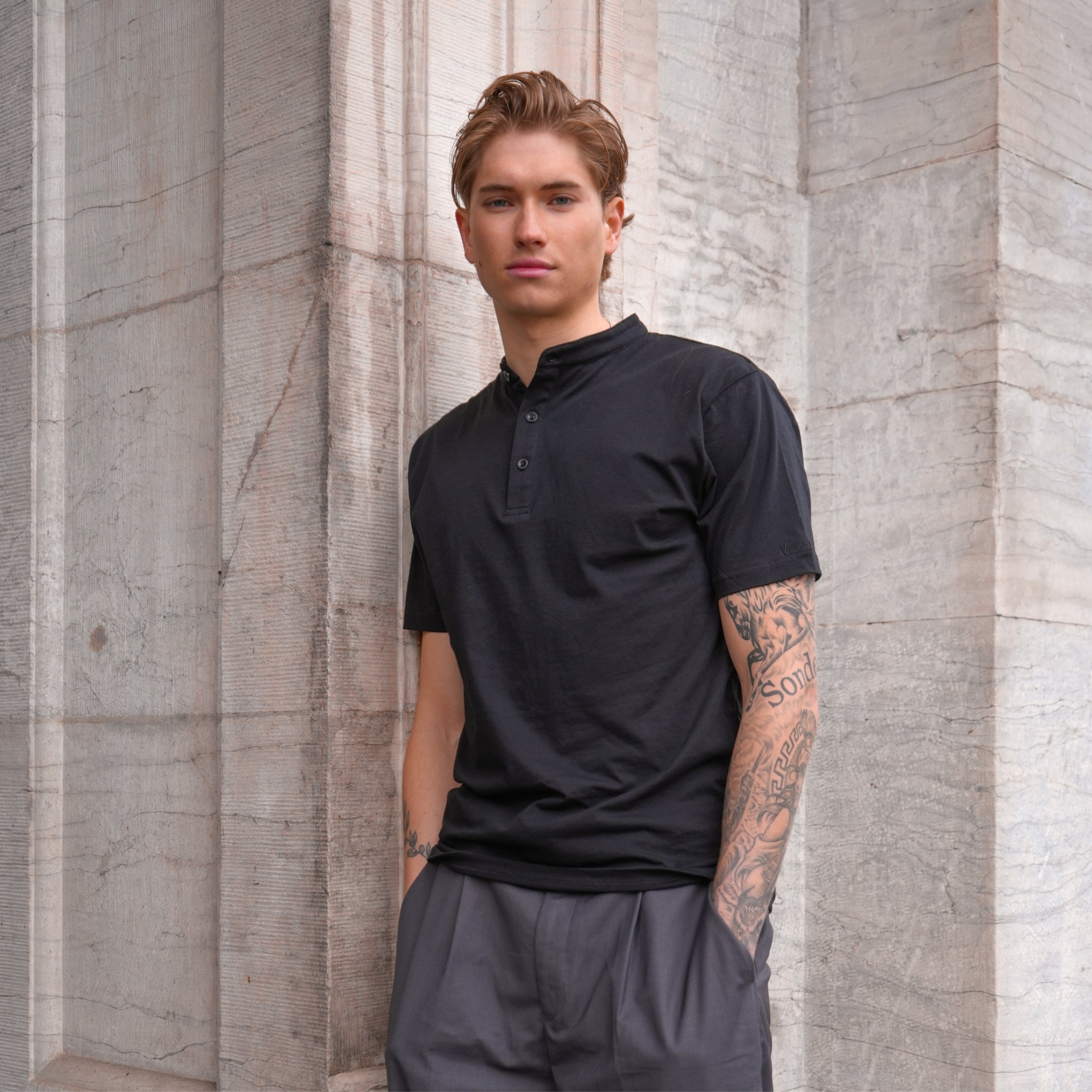 black half-collar tee